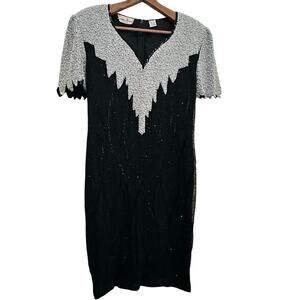 Laurence Kazar New York Pristine Black White Beaded Full Length Dress Size XL